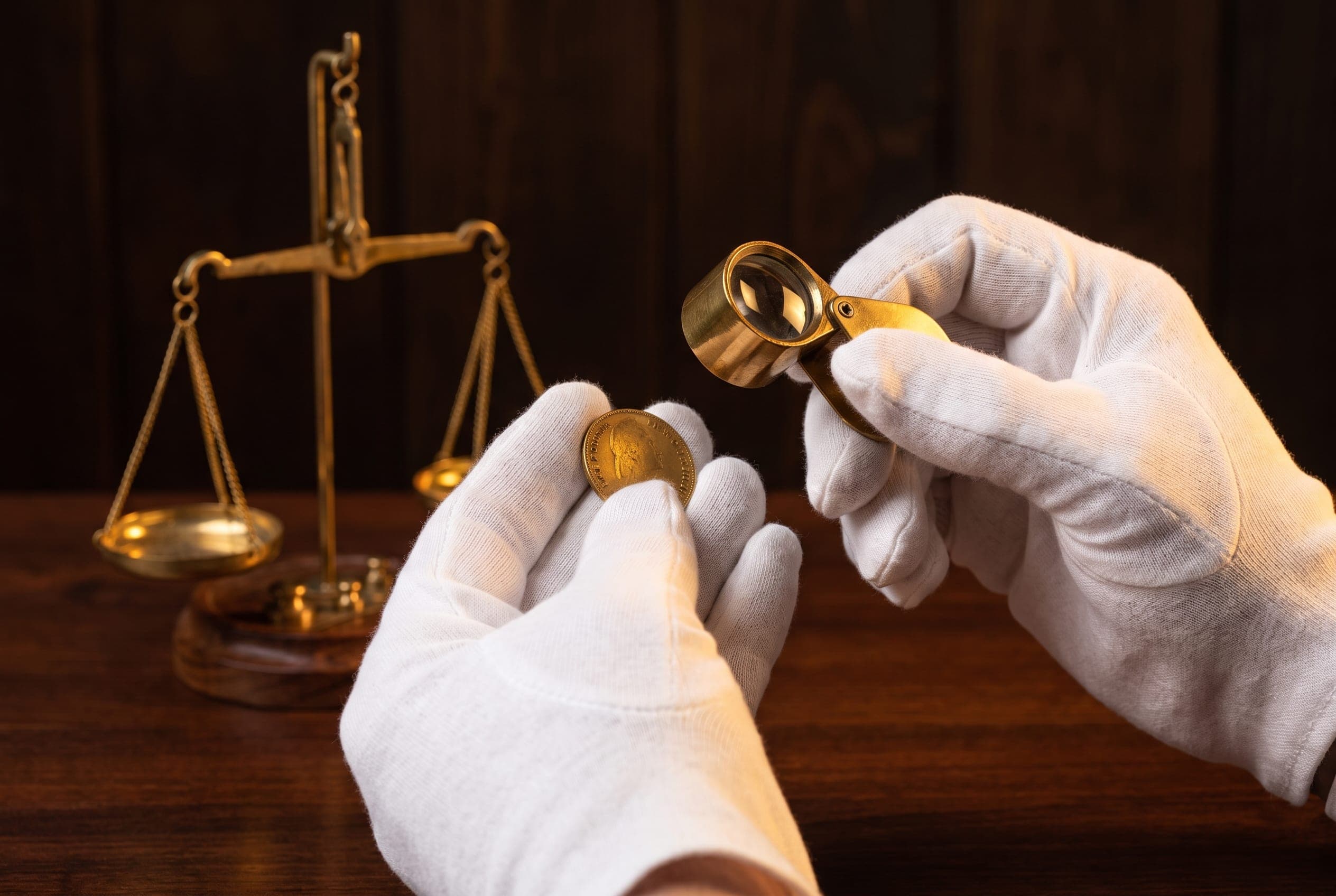 Expert examinant une pièce d’or à la loupe
