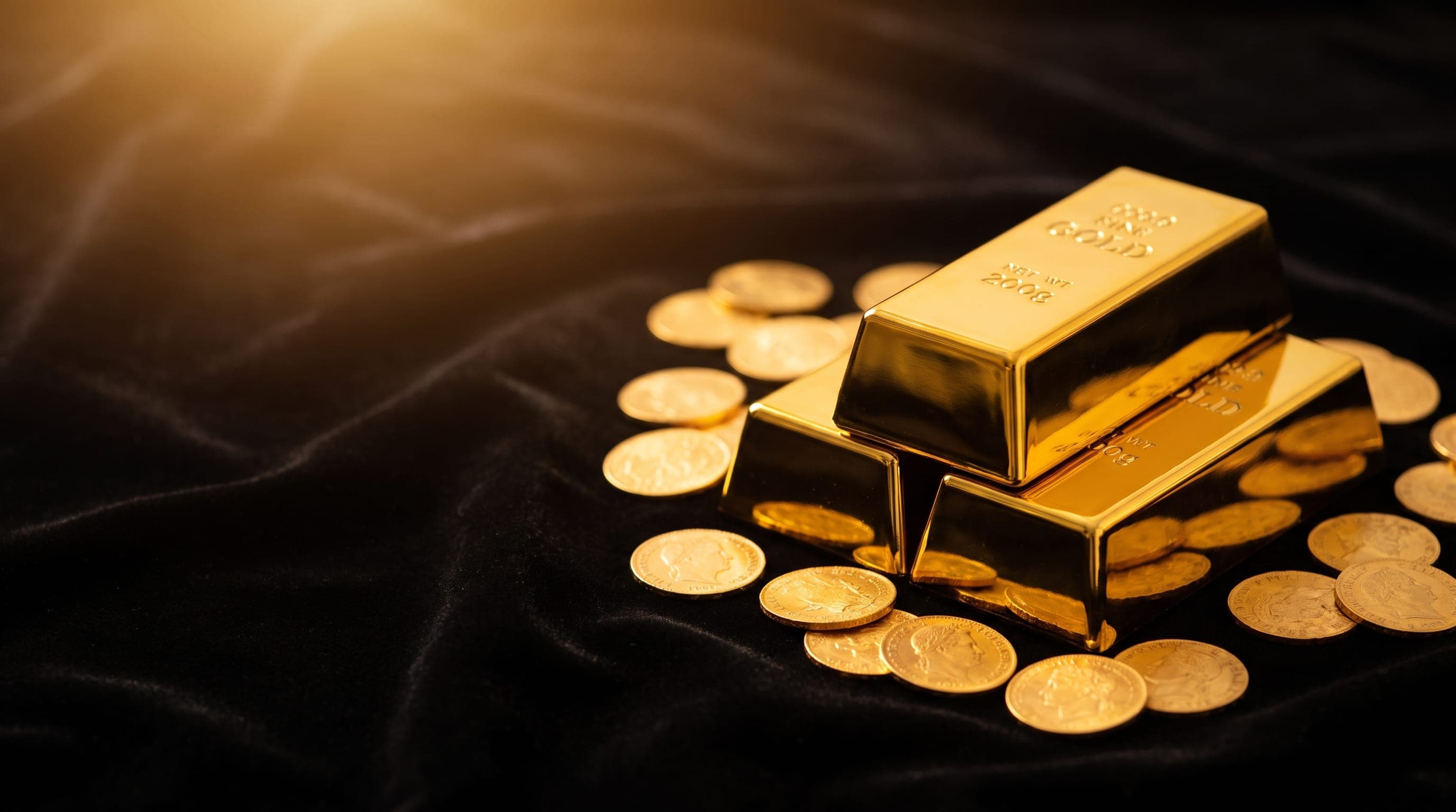 Lingots et pièces d’or sur velours noir
