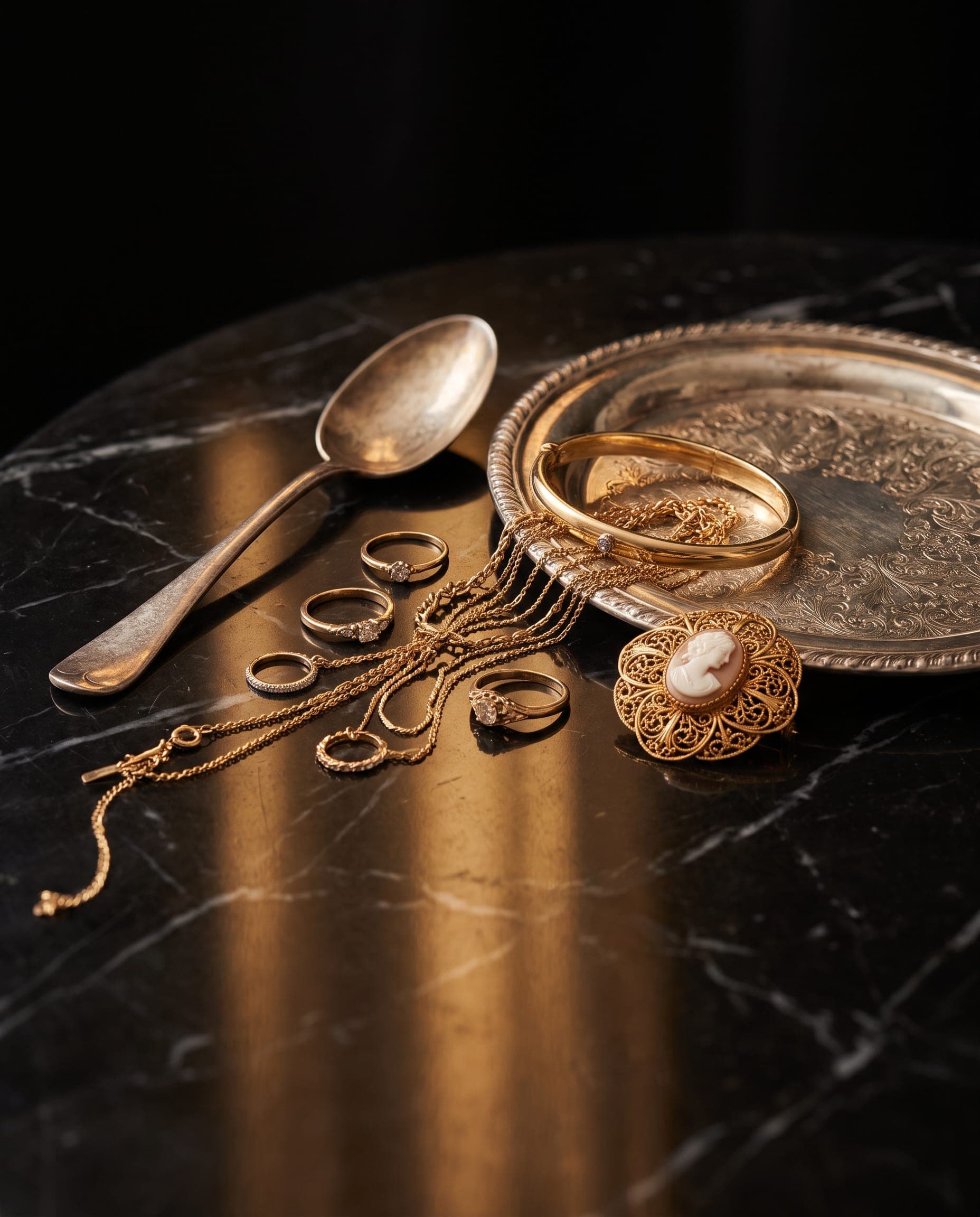 Bijoux en or et argenterie sur marbre noir